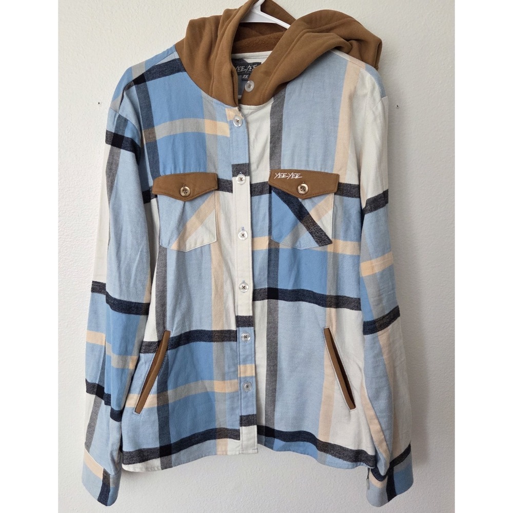 Yee Yee Hoodie Shacket Jacket Button Front Blue Brown Plaid Flannel Pockets 2X‎